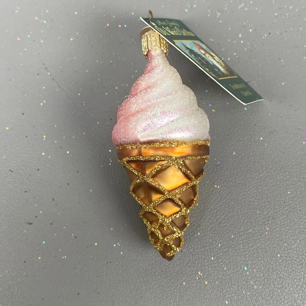 Old World Christmas Glass Ornaments Teddy Bear Basket & Pink Ice Cream Cone Set